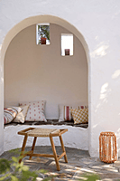 Outdoor Woven Rattan Stool | Natural Wood Patio Ottoman | Boho Accent Bench