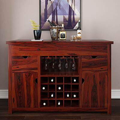 Solid Sheesham Wood Wine Bar Cabinet | Large Liquor Buffet with Wine Rack & Glass Holder