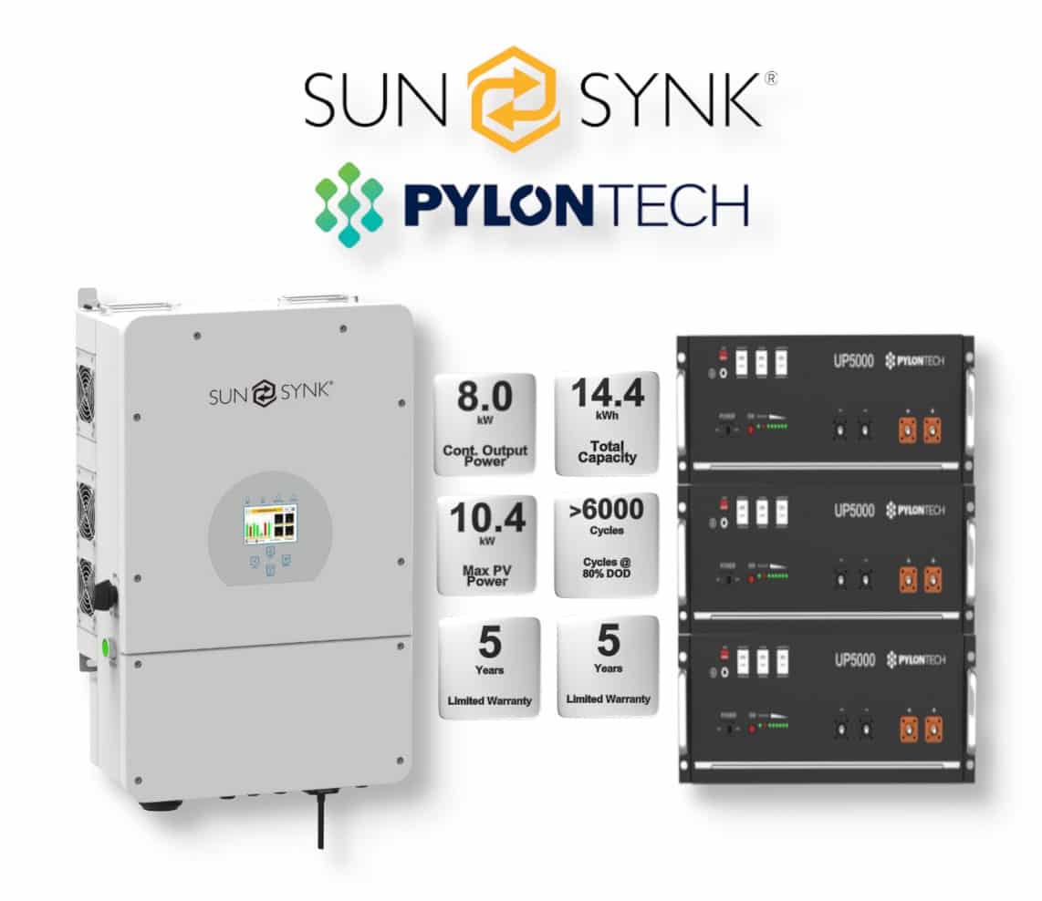 8.0 kW SUNSYNK Hybrid - PYLONTECH Combo, c/w 3x 4.8 kWh Lithium Batteries