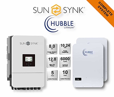 8.0 kW SUNSYNK Hybrid - HUBBLE Combo, c/w 2x 5.12 kWh Lithium Batteries