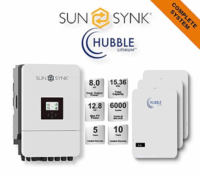 8.0 kW SUNSYNK Hybrid - HUBBLE Combo, c/w 3x 5.12 kWh Lithium Batteries