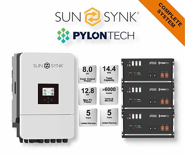 8.0 kW SUNSYNK Hybrid - PYLONTECH Combo, c/w 3x 4.8 kWh Lithium Batteries