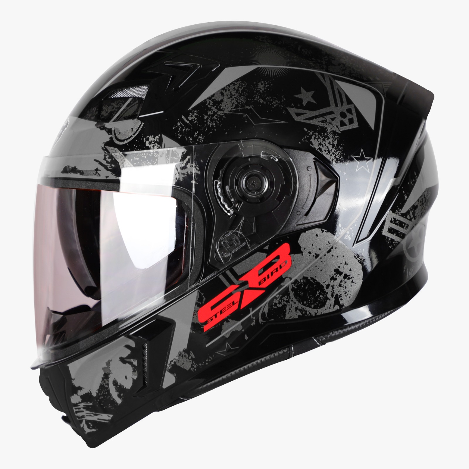 STEELBIRD SBA-21 ISS COMBAT GLOSSY BLACK/GREY C/V (M) (LONG CHEEKPAD)