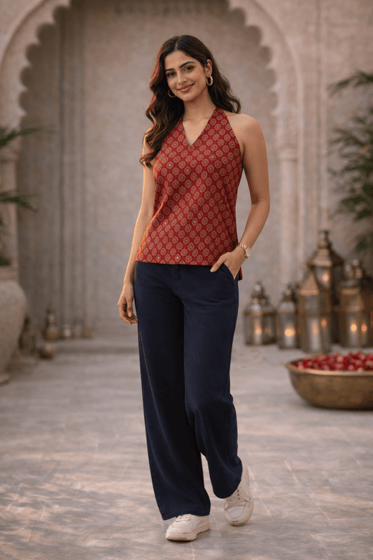 Red Printed Halter Neck Top