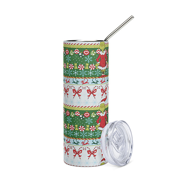 Grinch Christmas Ugly Sweater Skinny Tumbler – Festive Holiday Pattern Drinkware