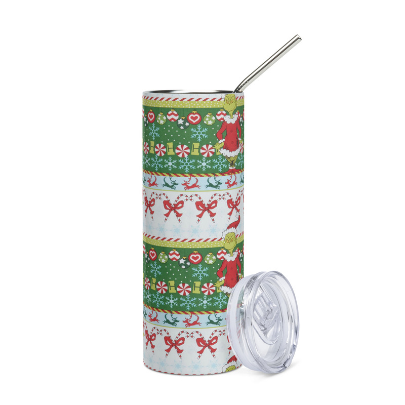 Grinch Christmas Ugly Sweater Skinny Tumbler – Festive Holiday Pattern Drinkware