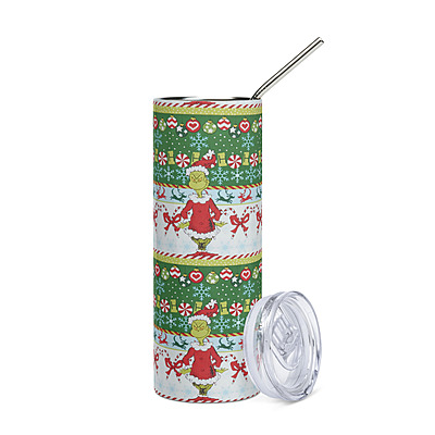 Grinch Christmas Ugly Sweater Skinny Tumbler – Festive Holiday Pattern Drinkware