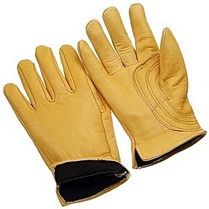 Gold goatskin driver,straight thumb, thumb strap, black liner, leather hem
