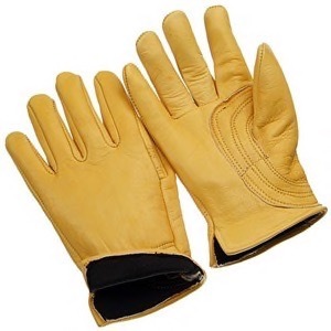 Gold goatskin driver,straight thumb, thumb strap, black liner, leather hem