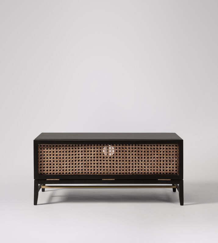 Black Modern Media Unit with Cane Weave | Mid-Century Style Console