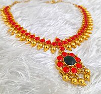Panchalokam/Copper/Impon One Gram Gold Finish & Real Kempstones Shor Necklace/Attigai/Addige