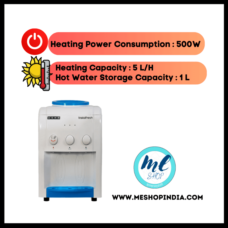 Usha Instafresh Countertop Water Dispenser on a countertop, ready to dispense refreshing water.