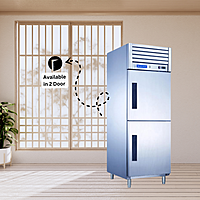 Close-up of the ergonomic door handle on a Blue Star 2 Door Reach-In Freezer.