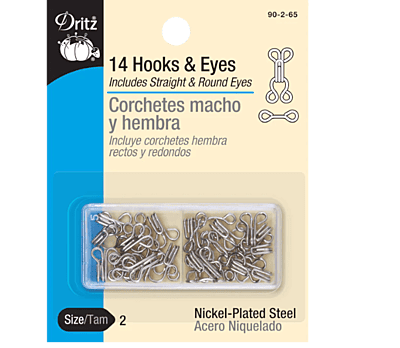 HOOKS & EYES, 14 PC, NICKEL, SIZE 2