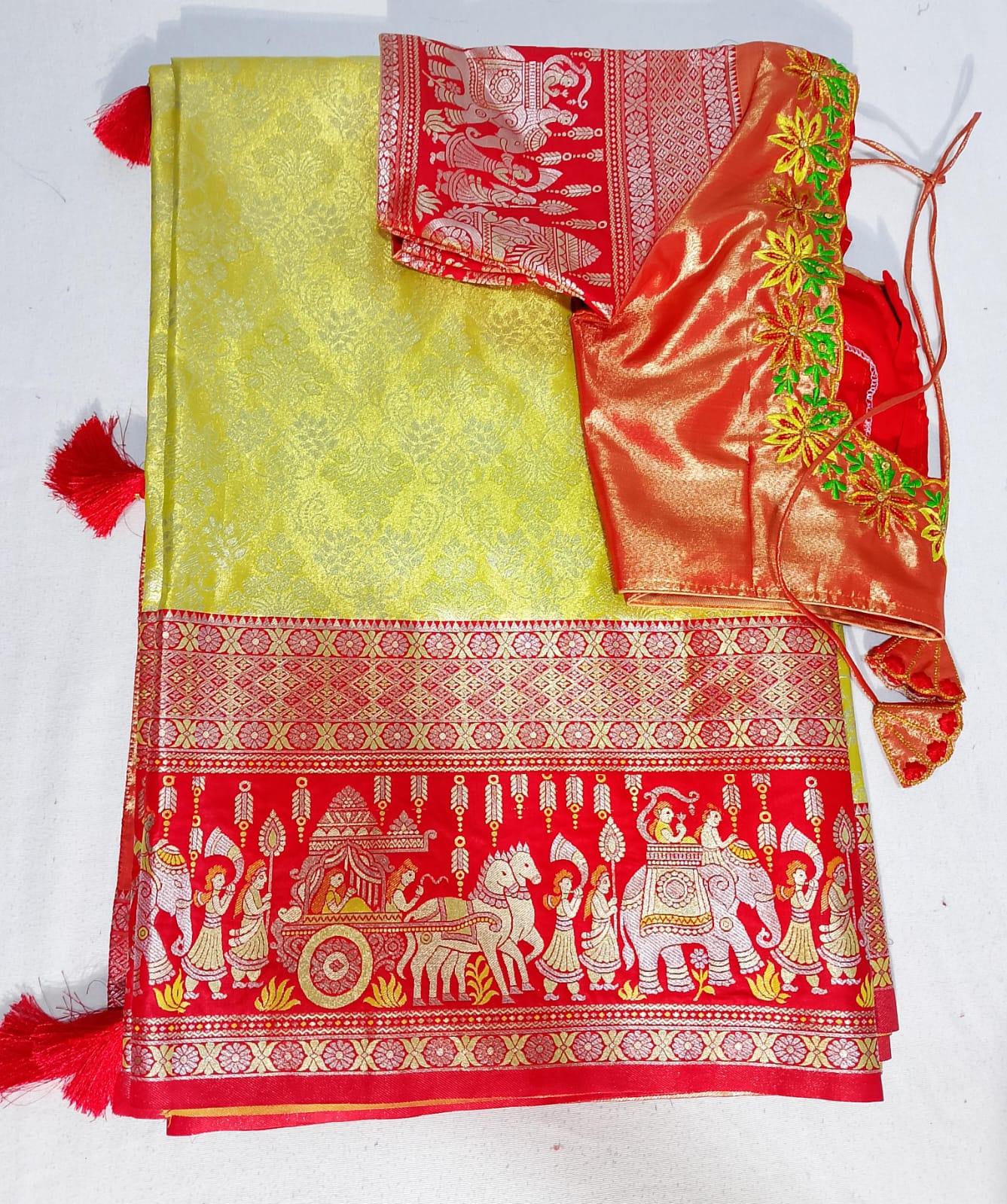 N308: Ready To Ship Beautiful Semi Kanchipattu Saree With Stitched Embroidery Work Blouse
