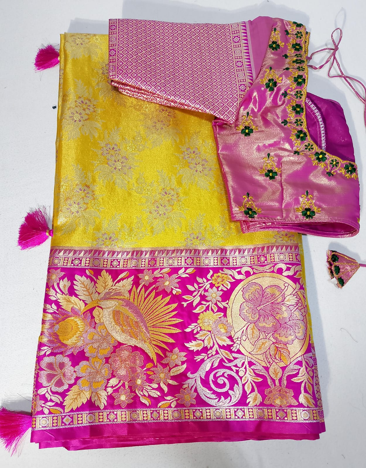 N305: Ready To Ship Beautiful Semi Kanchipattu Saree With Stitched Embroidery Work Blouse