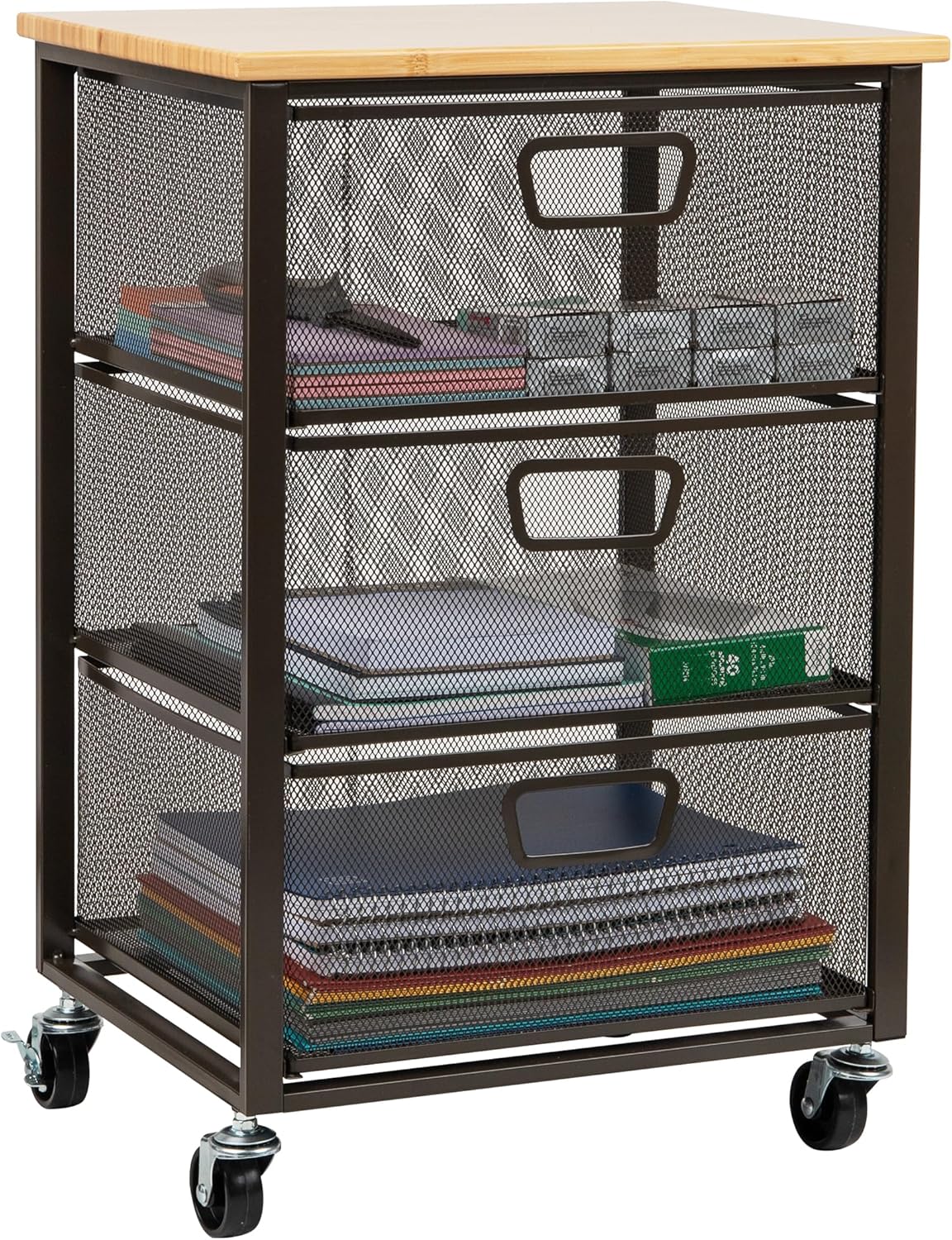 Mind Reader Cart with Drawers, Office Organizer, Storage, Bathroom, Metal Mesh, 15.75"L x 13"W x 24.25"H, Black 3-Drawers with Wood Top