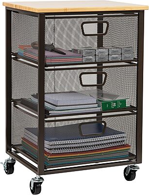 Mind Reader Cart with Drawers, Office Organizer, Storage, Bathroom, Metal Mesh, 15.75"L x 13"W x 24.25"H, Black 3-Drawers with Wood Top