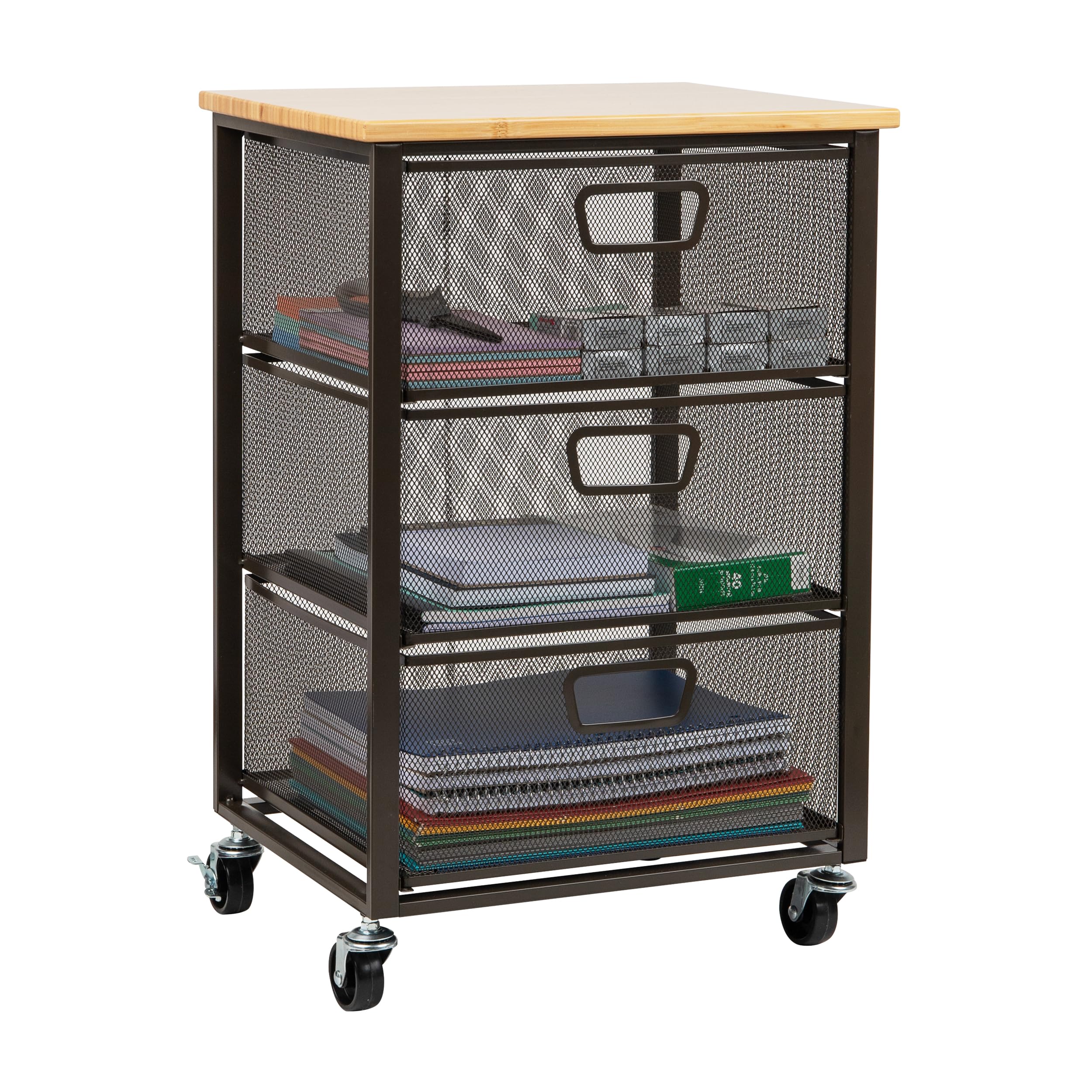 Mind Reader Cart with Drawers, Office Organizer, Storage, Bathroom, Metal Mesh, 15.75"L x 13"W x 24.25"H, Black 3-Drawers with Wood Top