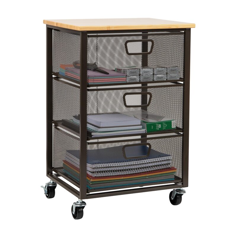 Mind Reader Cart with Drawers, Office Organizer, Storage, Bathroom, Metal Mesh, 15.75"L x 13"W x 24.25"H, Black 3-Drawers with Wood Top