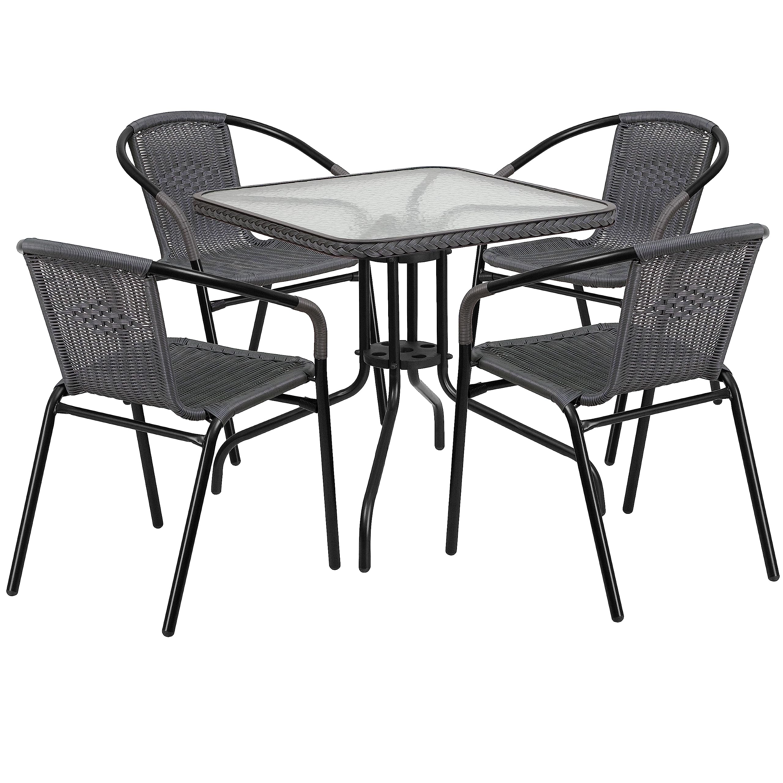 Flash Furniture 5-Piece 28in Square Indoor/Outdoor Patio Table and Chairs Set with Glass Metal Bistro Table and 4 Stackable