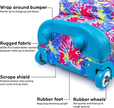 J World New York Sundance Rolling Backpack Girl Boy Roller Bookbag, Tie Dye, 20 Inch