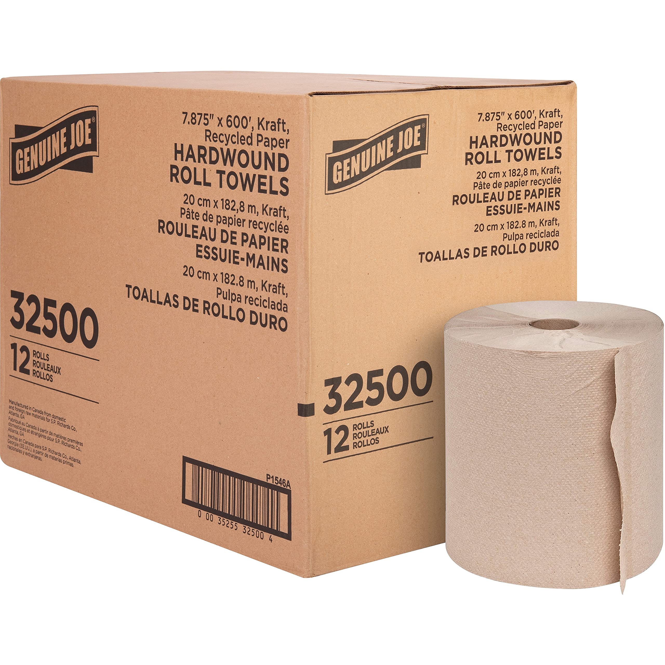 Genuine Joe Embossed Hardwound Roll Towels, 2" Core, 1-Ply, 7.88" x 600', Kraft, 12 Count