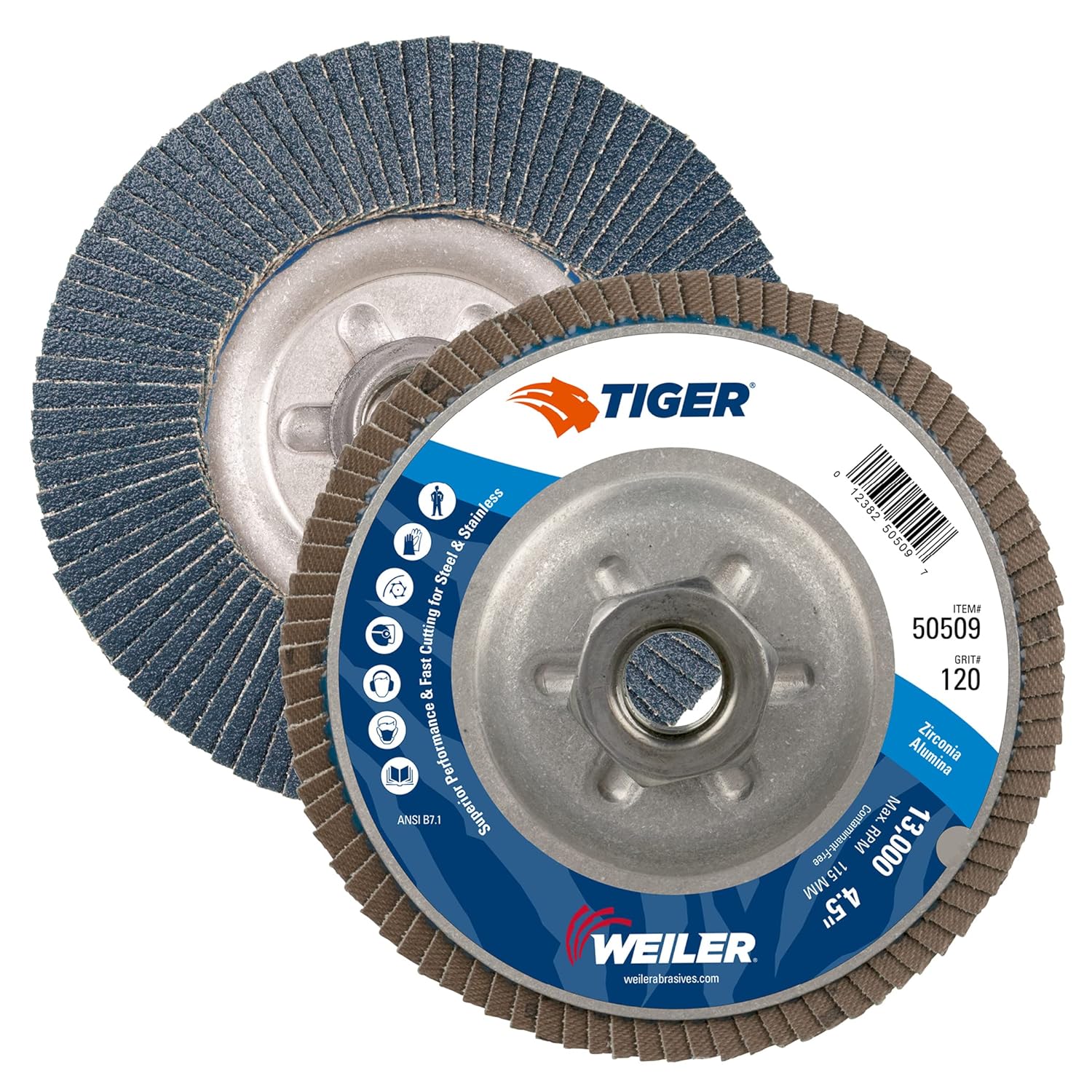 Weiler 50509 Tiger Abrasive Flap Disc, Type 29, Threaded Hole, Aluminum Backing, Zirconia Alumina, 4-1/2" Dia