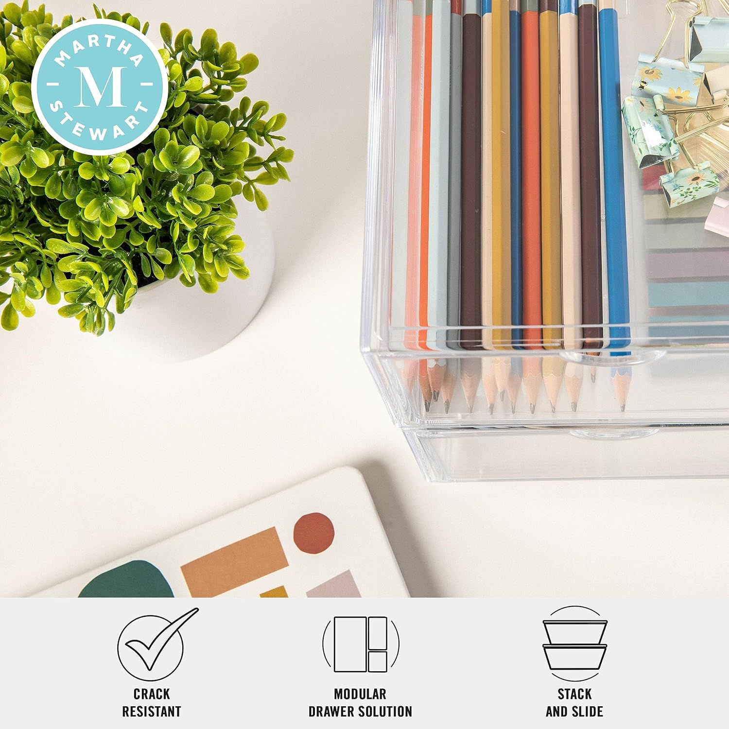 Martha Stewart Brody Desk Organizer with Drawers, Stackable Plastic Storage Box