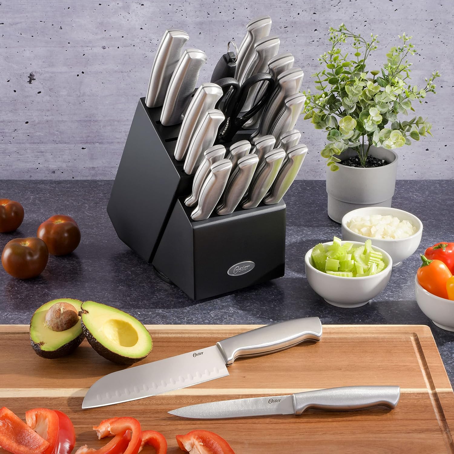 Oster Baldwyn High-Carbon Stainless Steel Kitchen Knife Cutlery Block Set, 22-Piece, Brushed Satin (22-Piece Set)