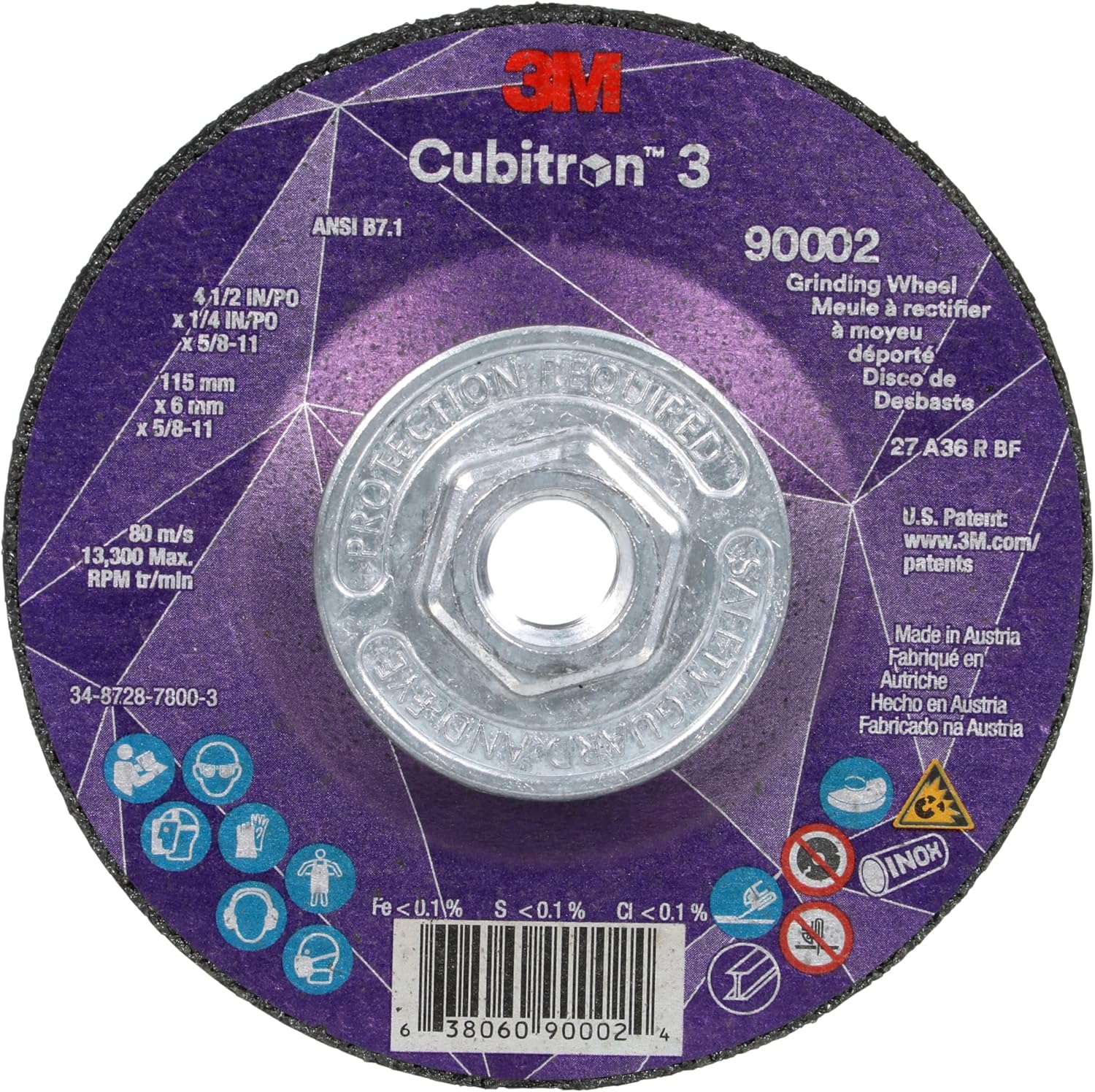 3M Cubitron 3 Depressed Center Grinding Wheel, 90002, 36+, T27, 4-1/2 in x 1/4 in x 5/8 in-11, Pack of 10, ANSI