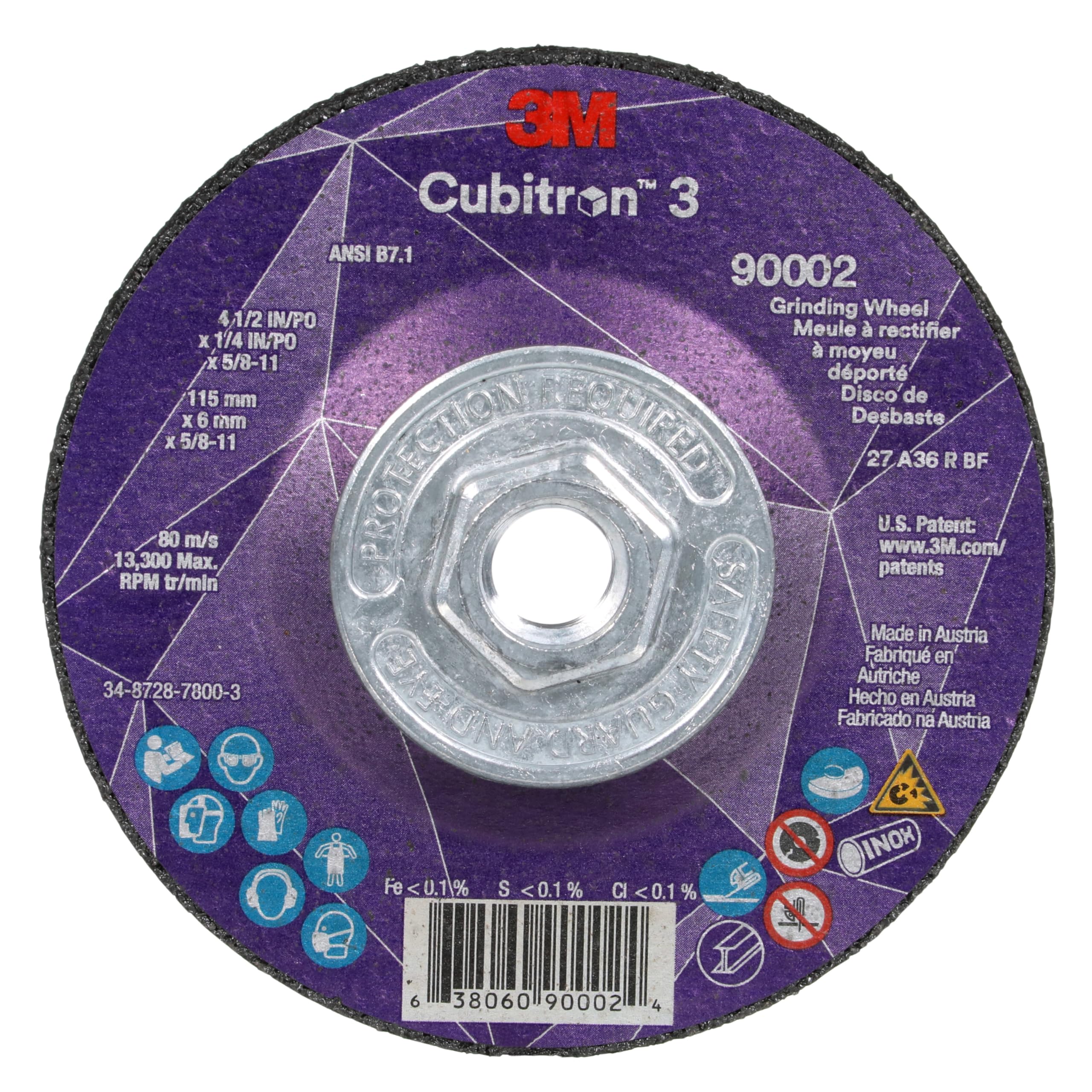 3M Cubitron 3 Depressed Center Grinding Wheel, 90002, 36+, T27, 4-1/2 in x 1/4 in x 5/8 in-11, Pack of 10, ANSI