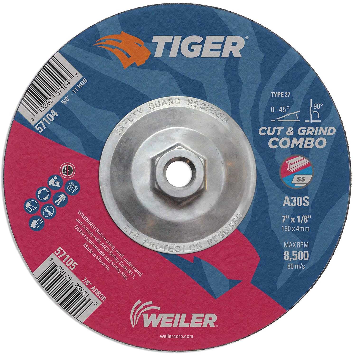 WEILER 7" x 1/8" Tiger Type 27 Cut and Grind Combo Wheel A30S