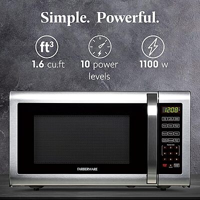 Farberware 1.6 Cu. Ft. Countertop Microwave Oven – 1100 Watts Power, Auto Cook Settings, Defrost