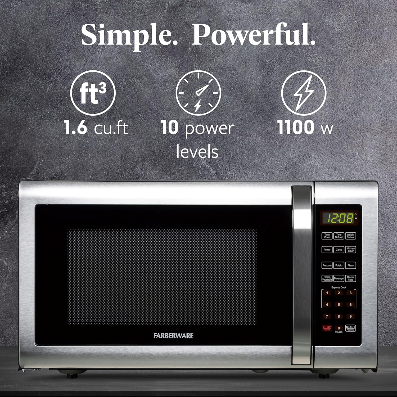 Farberware 1.6 Cu. Ft. Countertop Microwave Oven – 1100 Watts Power, Auto Cook Settings, Defrost