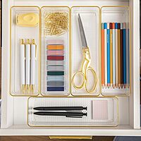 Martha Stewart Kerry Plastic Stackable Office Desk Drawer Organizers with Gold Trim