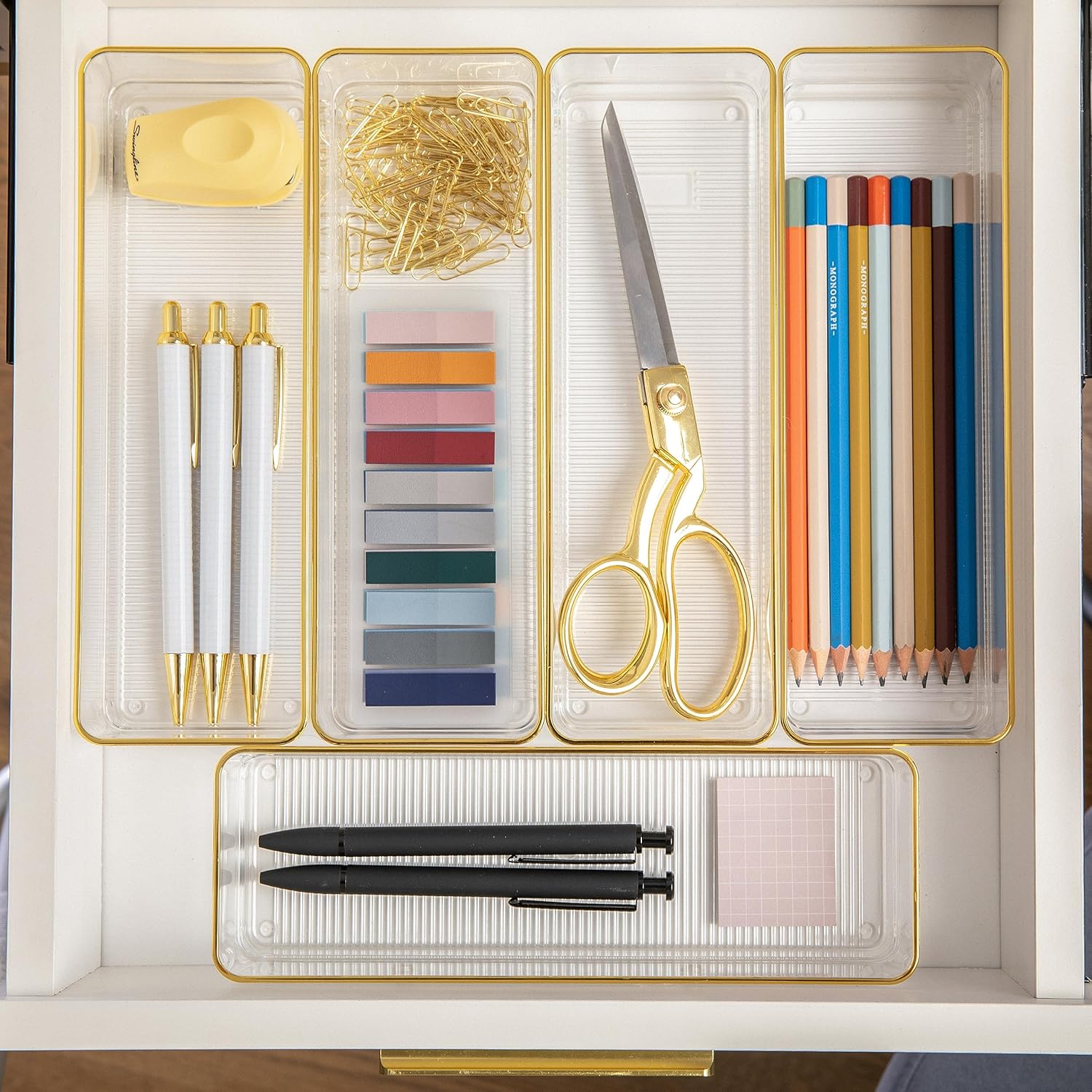 Martha Stewart Kerry Plastic Stackable Office Desk Drawer Organizers with Gold Trim