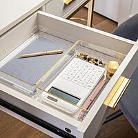 Martha Stewart Kerry Plastic Stackable Office Desk Drawer Organizers with Gold Trim