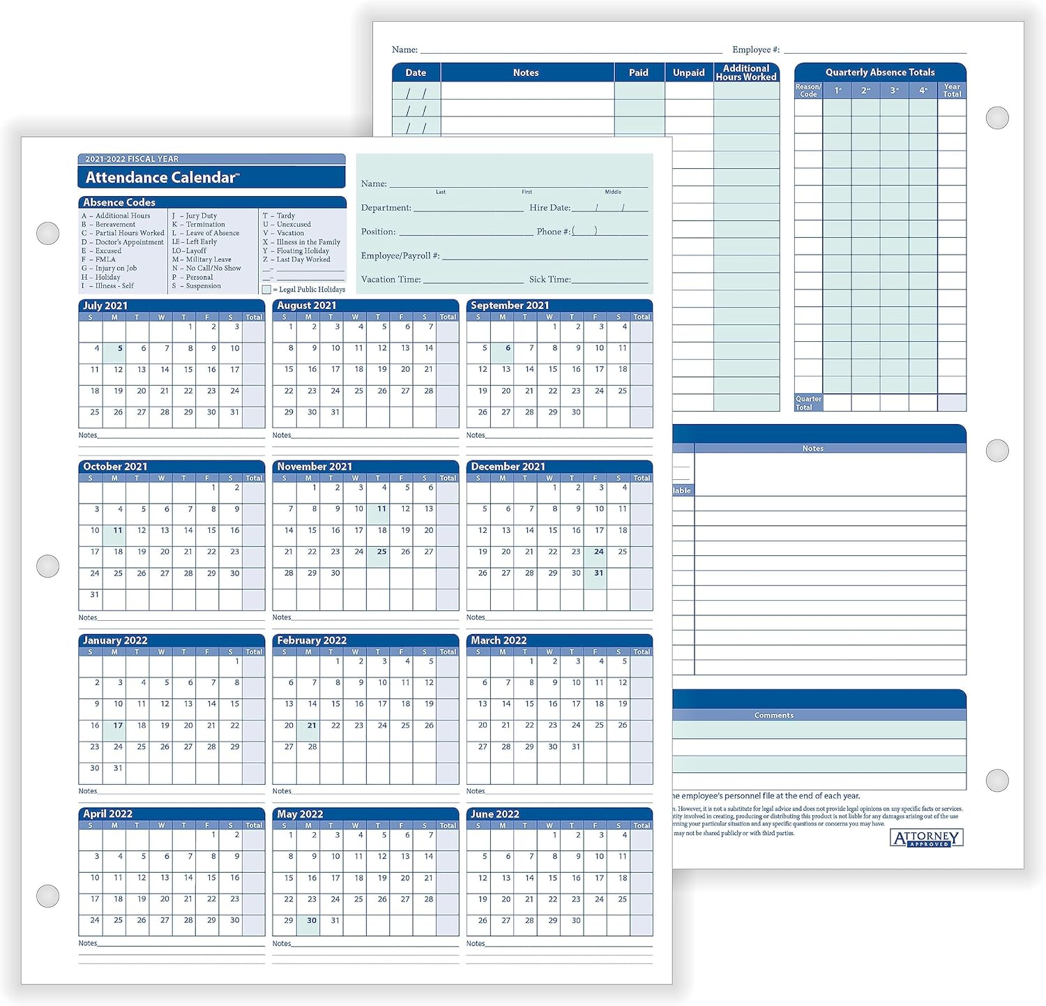 ComplyRight 2025-2026 Fiscal Attendance Calendar, 8 1/2in x 11in, Pack Of 50