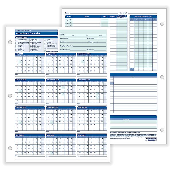 ComplyRight 2025-2026 Fiscal Attendance Calendar, 8 1/2in x 11in, Pack Of 50