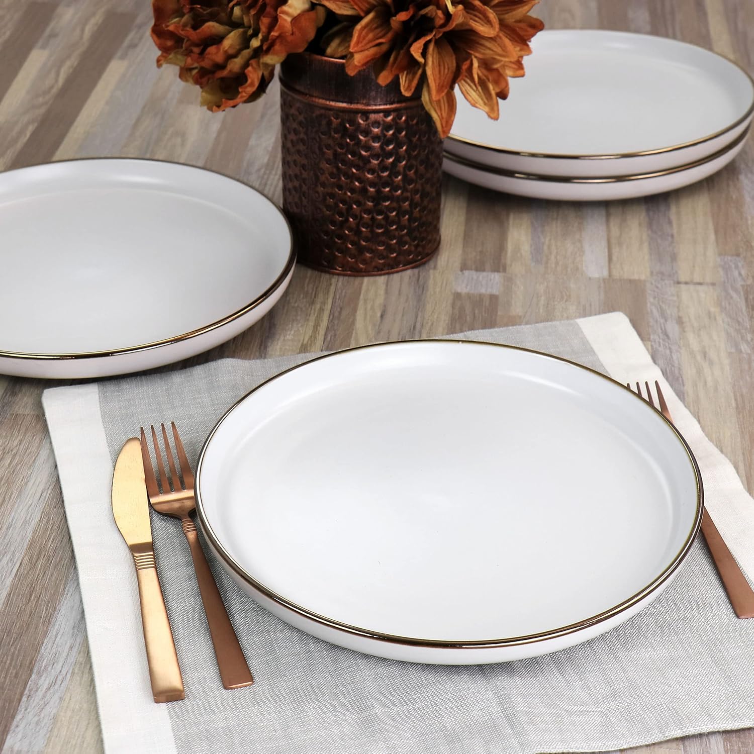 ELAMA Round Stoneware Dinner Plate Set with Gold Rim