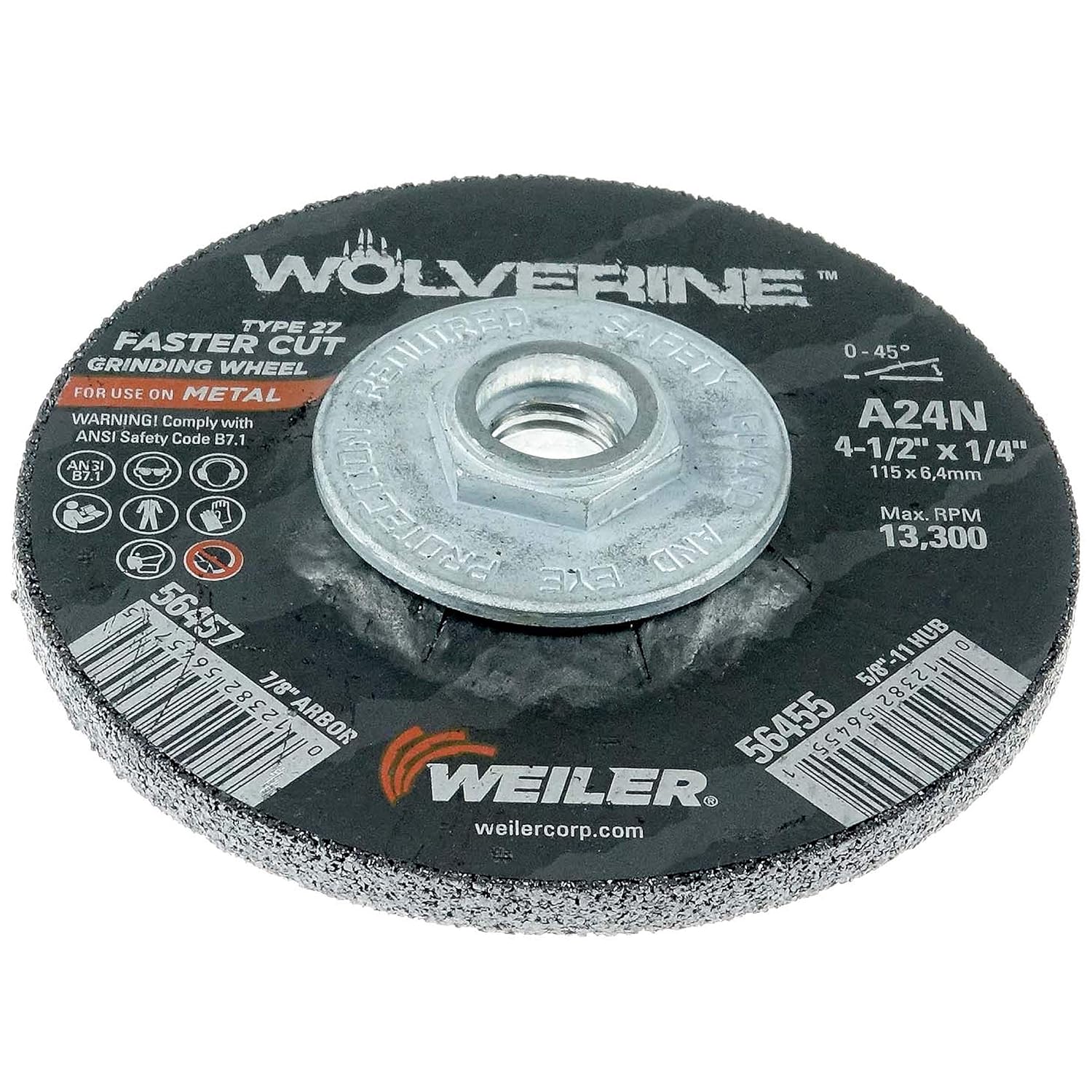 Weiler 56455 4-1/2" X 1/4" Wolverine Type 27 Grinding Wheel, A24N, 5/8"-11 Nut (pack of 1)