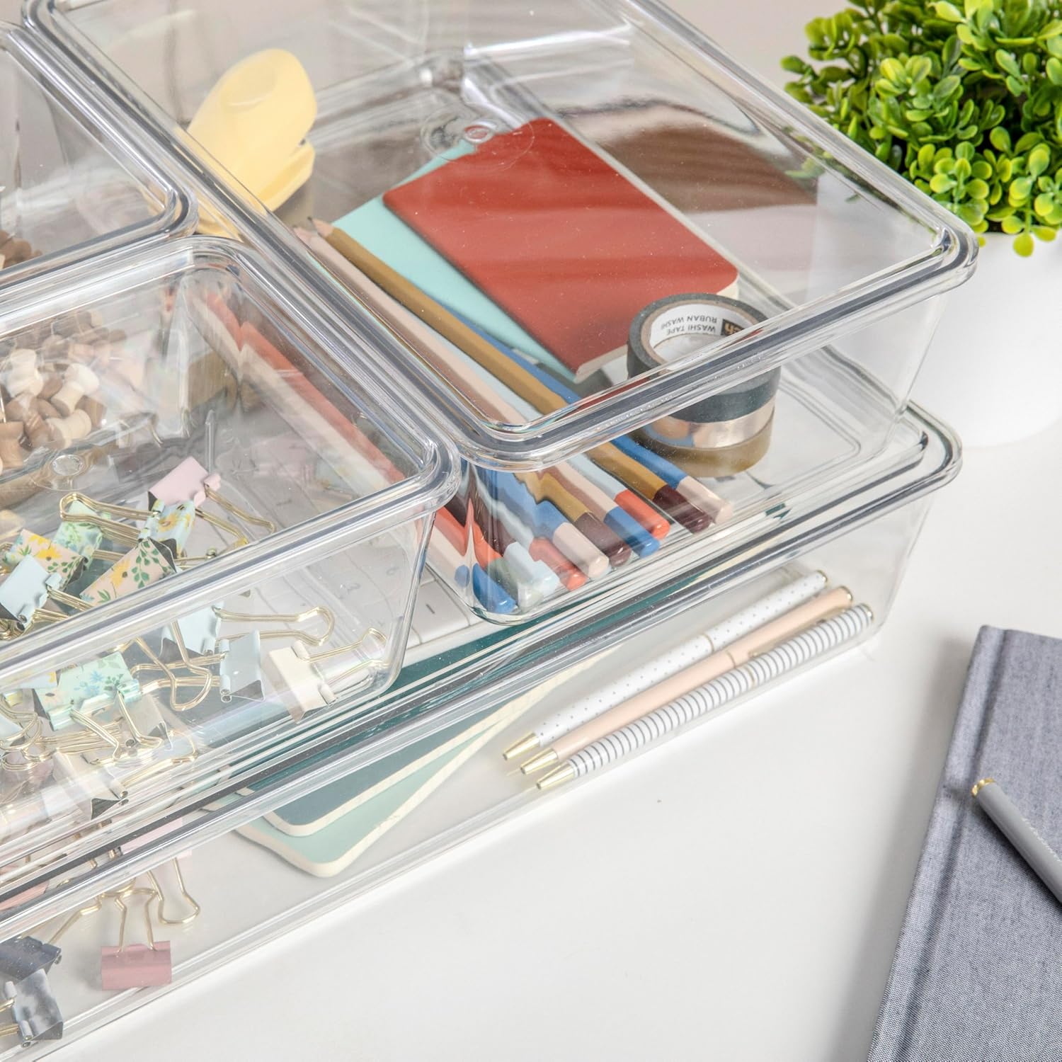 Martha Stewart Brody Plastic Storage Organizer Bins with Lids for Home Office, Kitchen, or Bathroom, 8 Pack