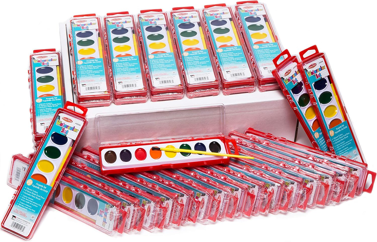 Charles Leonard Creative Arts Watercolor Paint Pan Kit Class Pack, 8 Assorted Colors, 1 Oz Palette Tray, 36 Kits/Box (40536)