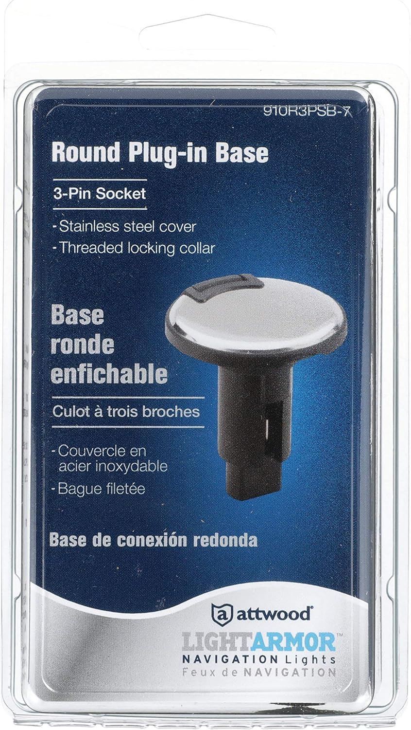 Attwood 910R3PSB-7 LightArmor™ 910R Series Round Plug-In Light Base — for All-Around Pole Light, 3-Pin, Black Stainless Cover