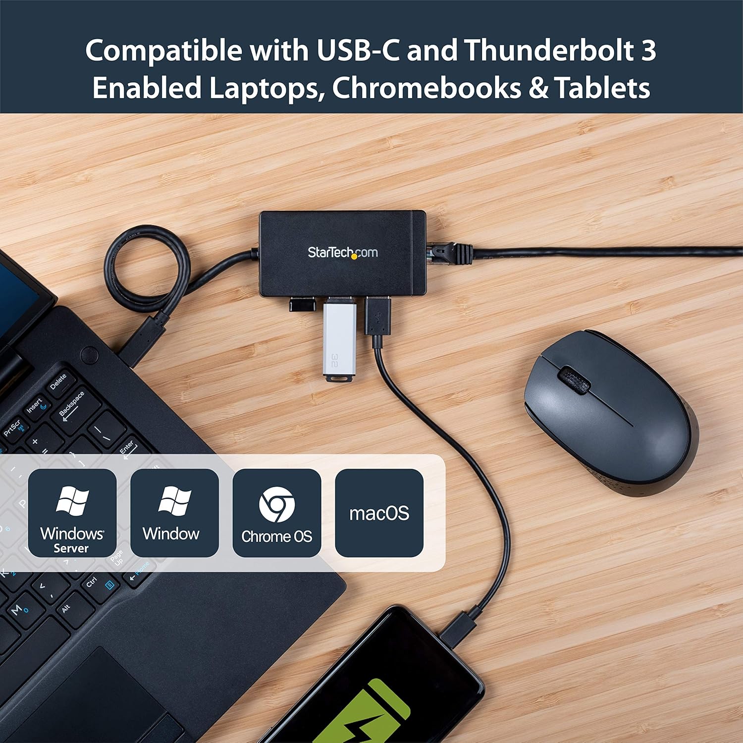 StarTech.com USB-C to Ethernet Adapter - Gigabit - 3 Port USB C to USB Hub and Power Adapter - Thunderbolt 3 Compatible