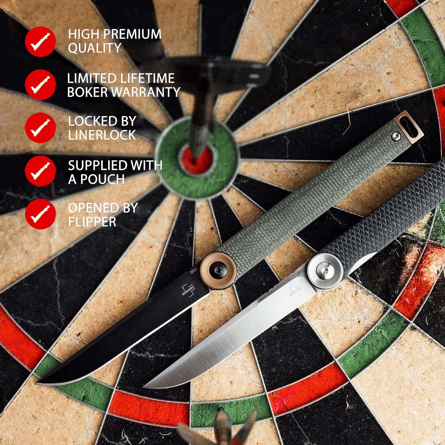 Böker Plus Kaizen Green Canvas Micarta - folding pocket knife with Micarta handle scales - D2 blade - small knife with clip