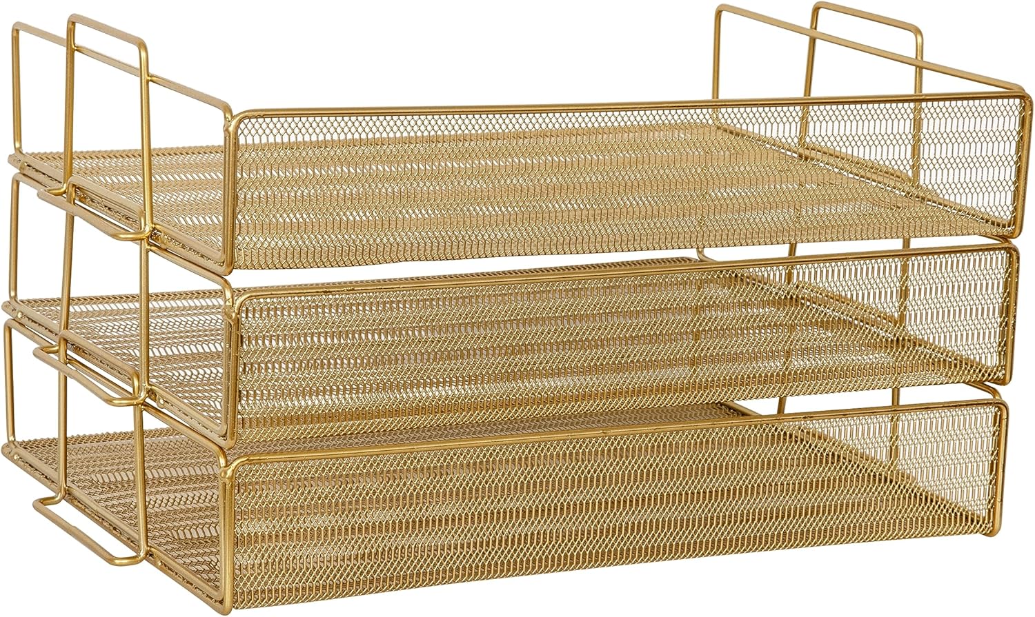 Martha Stewart Ryder 3 Tier Desk Letter Tray Organizer, Stackable Steel Mesh Inbox Tray for Files, Papers, or Letters, Gold