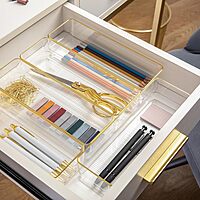 Martha Stewart Kerry Plastic Stackable Office Desk Drawer Organizers with Gold Trim