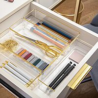 Martha Stewart Kerry Plastic Stackable Office Desk Drawer Organizers with Gold Trim